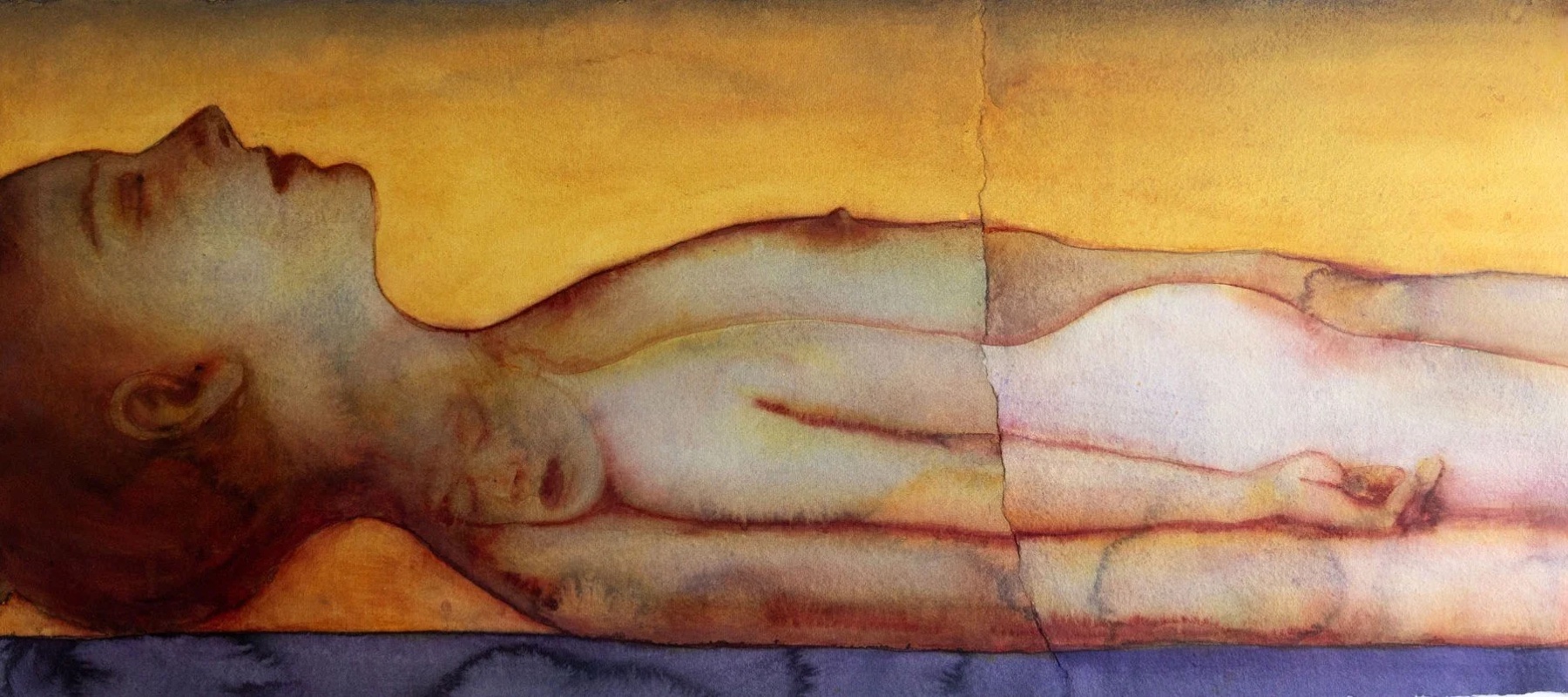 The painting that hangs in Reggie's treatment room: a watercolour of a figure lying on its back, seen from above the head, in saffron and ochre washes over a deep violet-blue band.